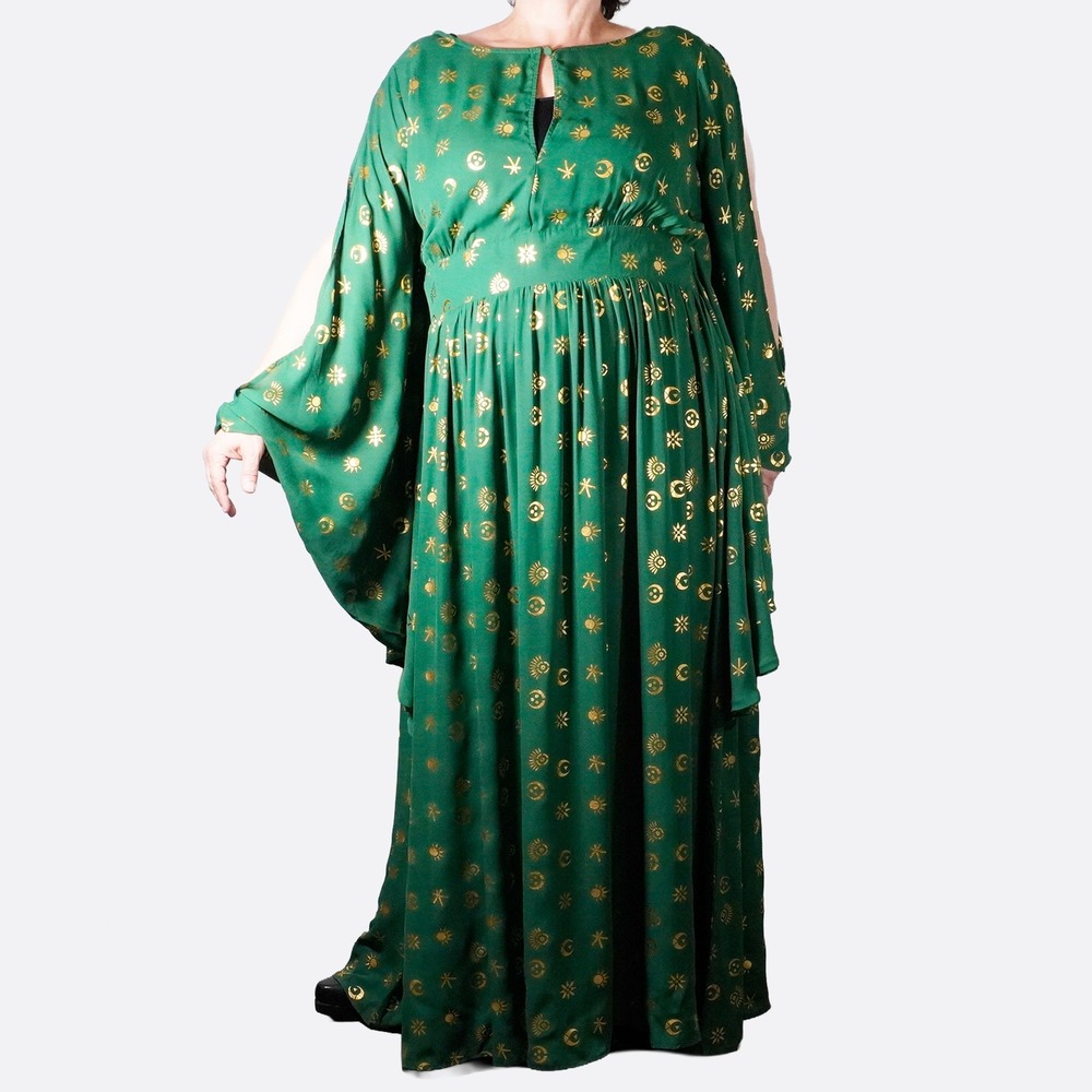 Unique Vintage Hocus Pocus Maxi Dress Green Gold Foil Celestial Cape Plus 1X XL